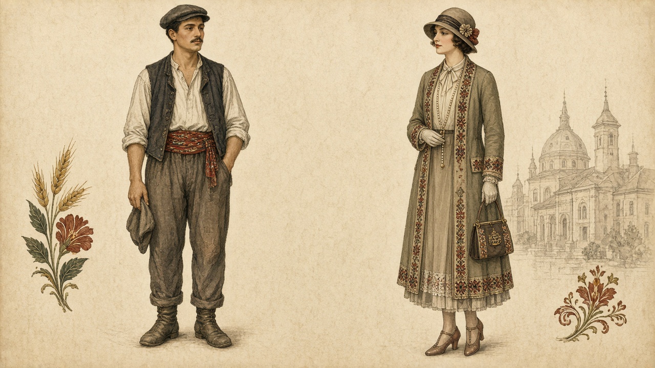 Imagined pair: a man in a work shirt, vest, sash, and flat cap beside a woman in a long embroidered coat, cloche hat, gloves, and a small bag