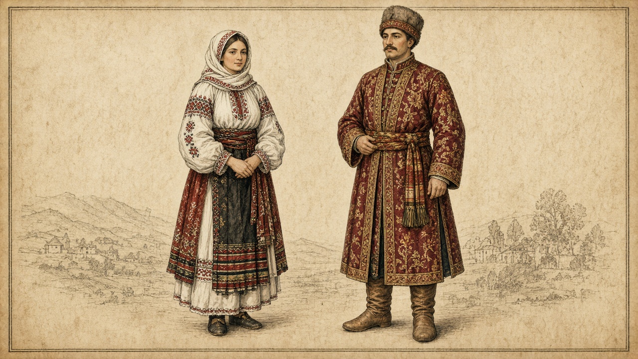 Imagined pair: a woman in a white embroidered ia, dark apron, and head cloth beside a man in a long patterned caftan and fur hat