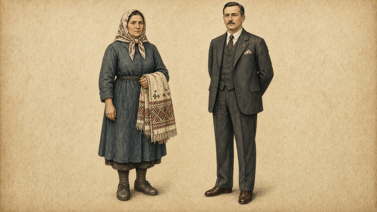 Imagined pair: a woman in a plain blue dress, patterned headscarf, and a woven towel beside a man in a dark three-piece suit