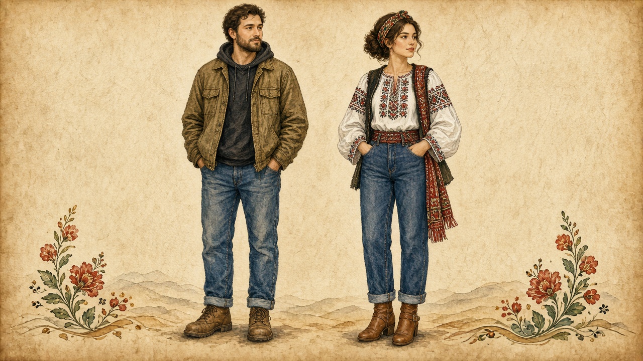 Imagined pair: a man in a hooded jacket and jeans beside a woman in an embroidered ia, jeans, woven scarf, and boots